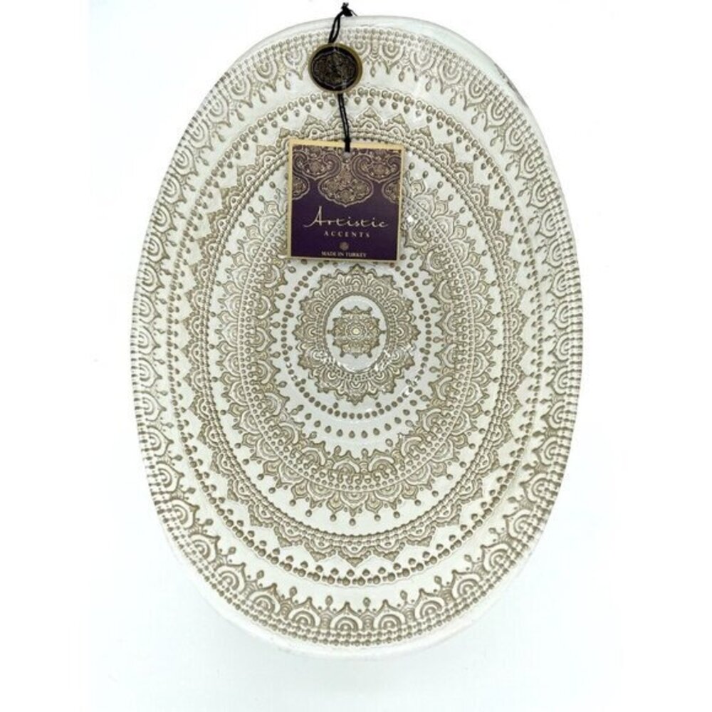 Artistic Accents White Glass Oval Serving Bowl Gold Lace Print Handmade NWT